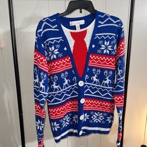Festive Blue and Red Cardigan with Snowflake Design